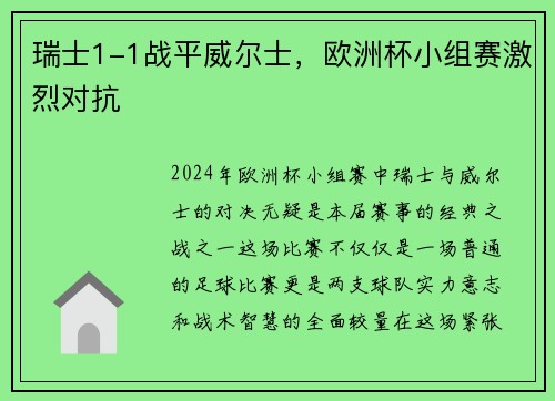 瑞士1-1战平威尔士，欧洲杯小组赛激烈对抗